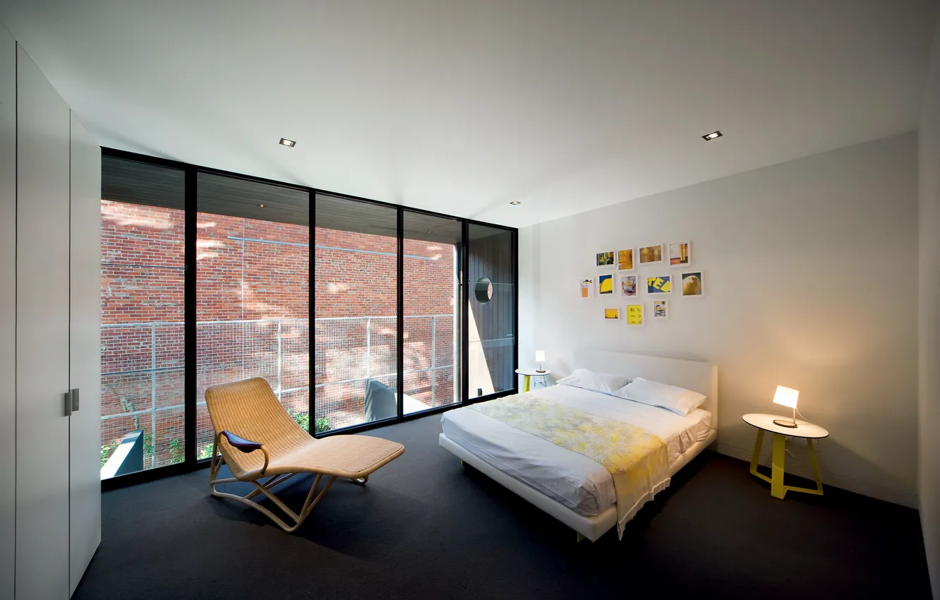 Фото обои кровать, интерьер, кресло, окно, картины, спальня