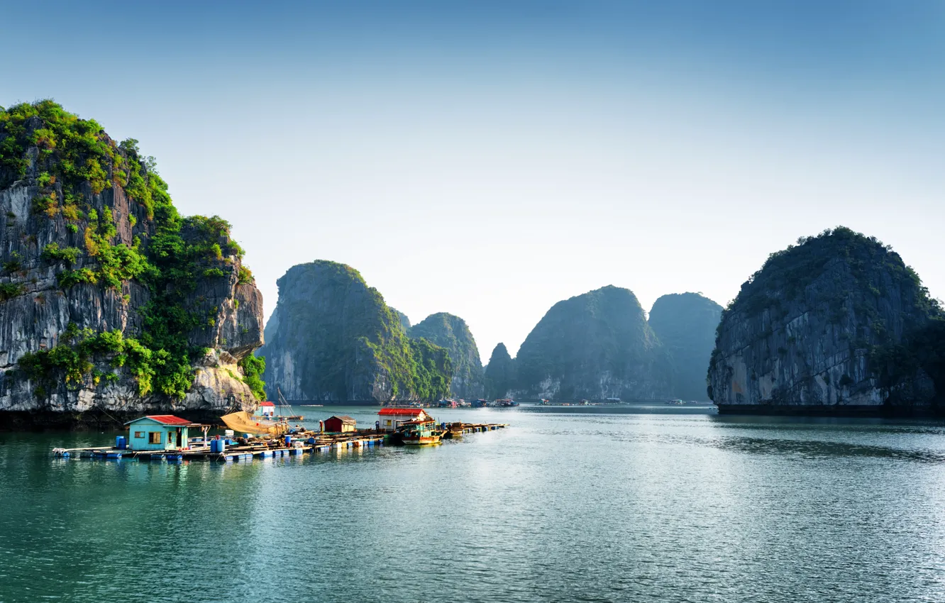 Фото обои Природа, Причал, Озеро, Скала, Тропики, Вьетнам, Halong Bay