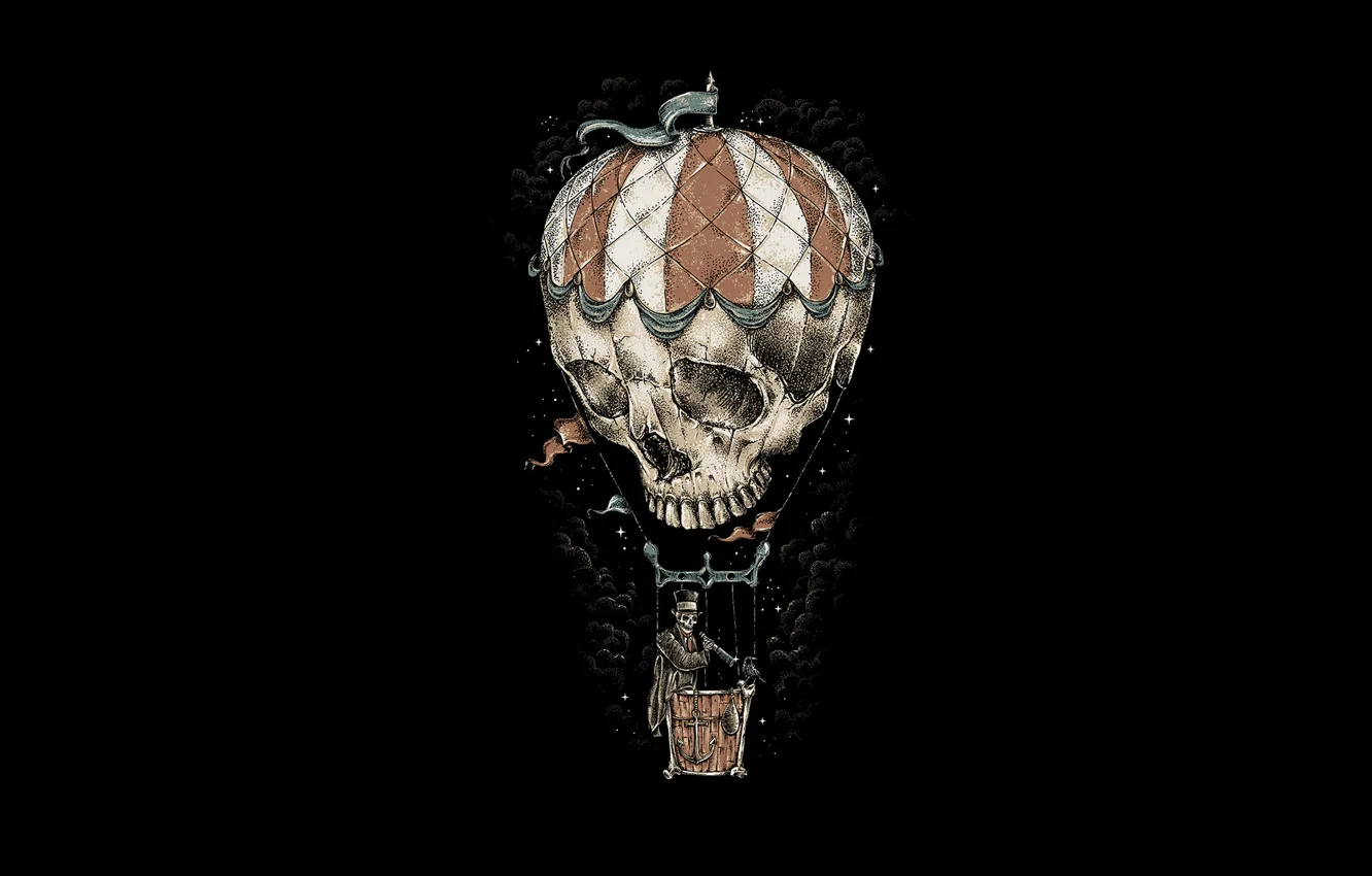 Фото обои воздушный шар, корзина, череп, скелет