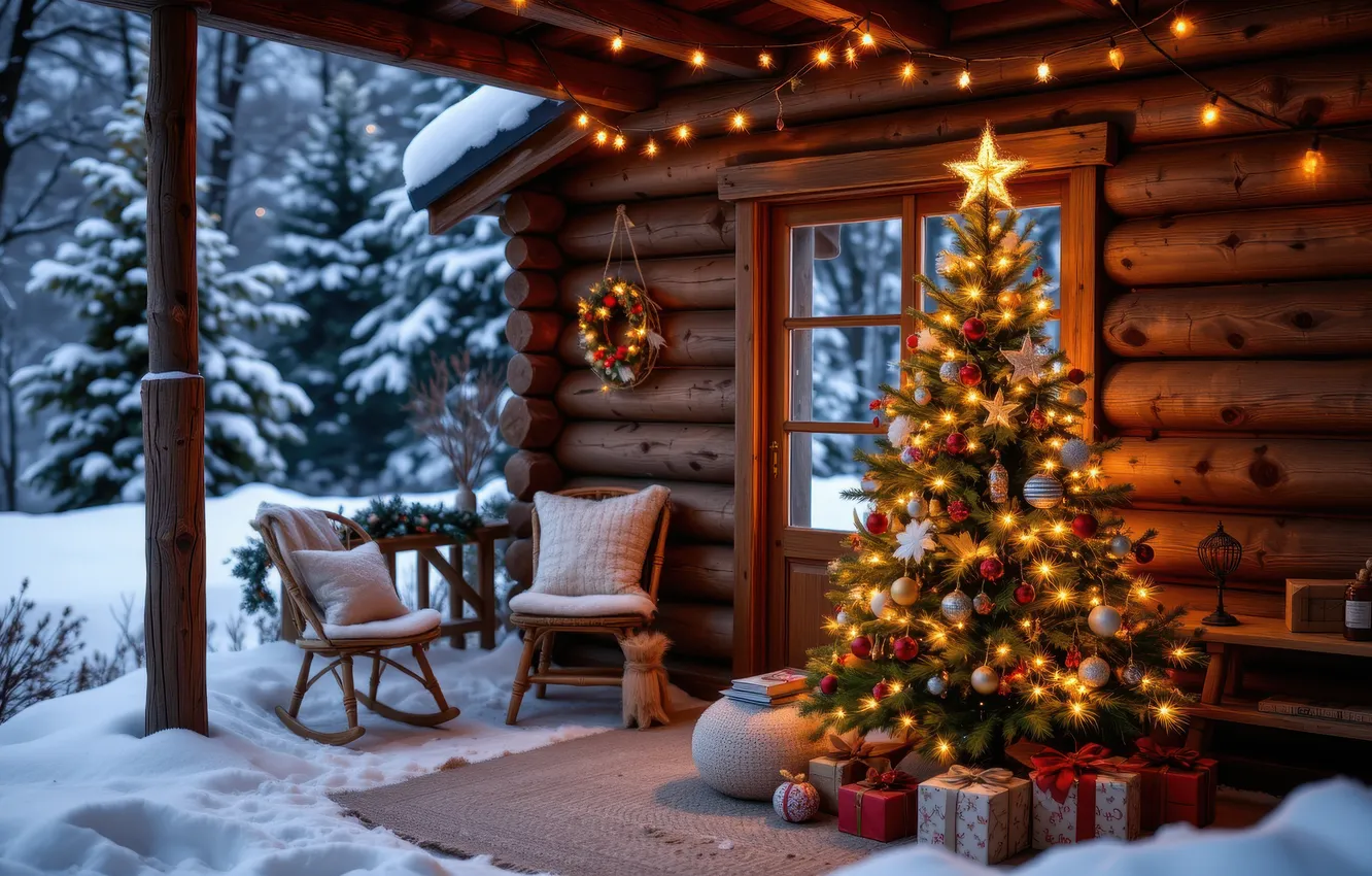 Фото обои зима, иней, лес, шарики, снег, огни, новый год, ели