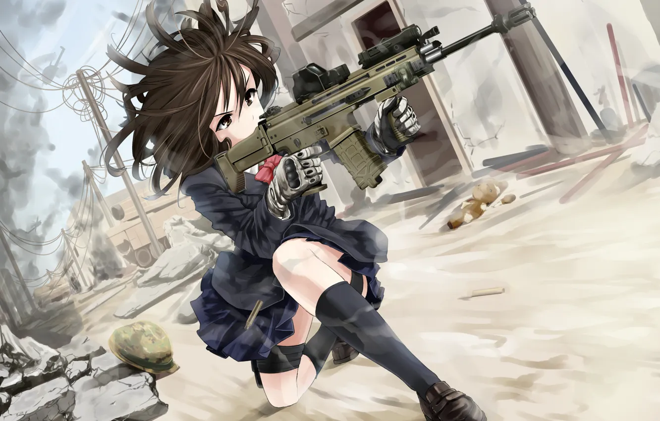Фото обои девушка, оружие, пыль, арт, автомат, форма, руины, omaru09
