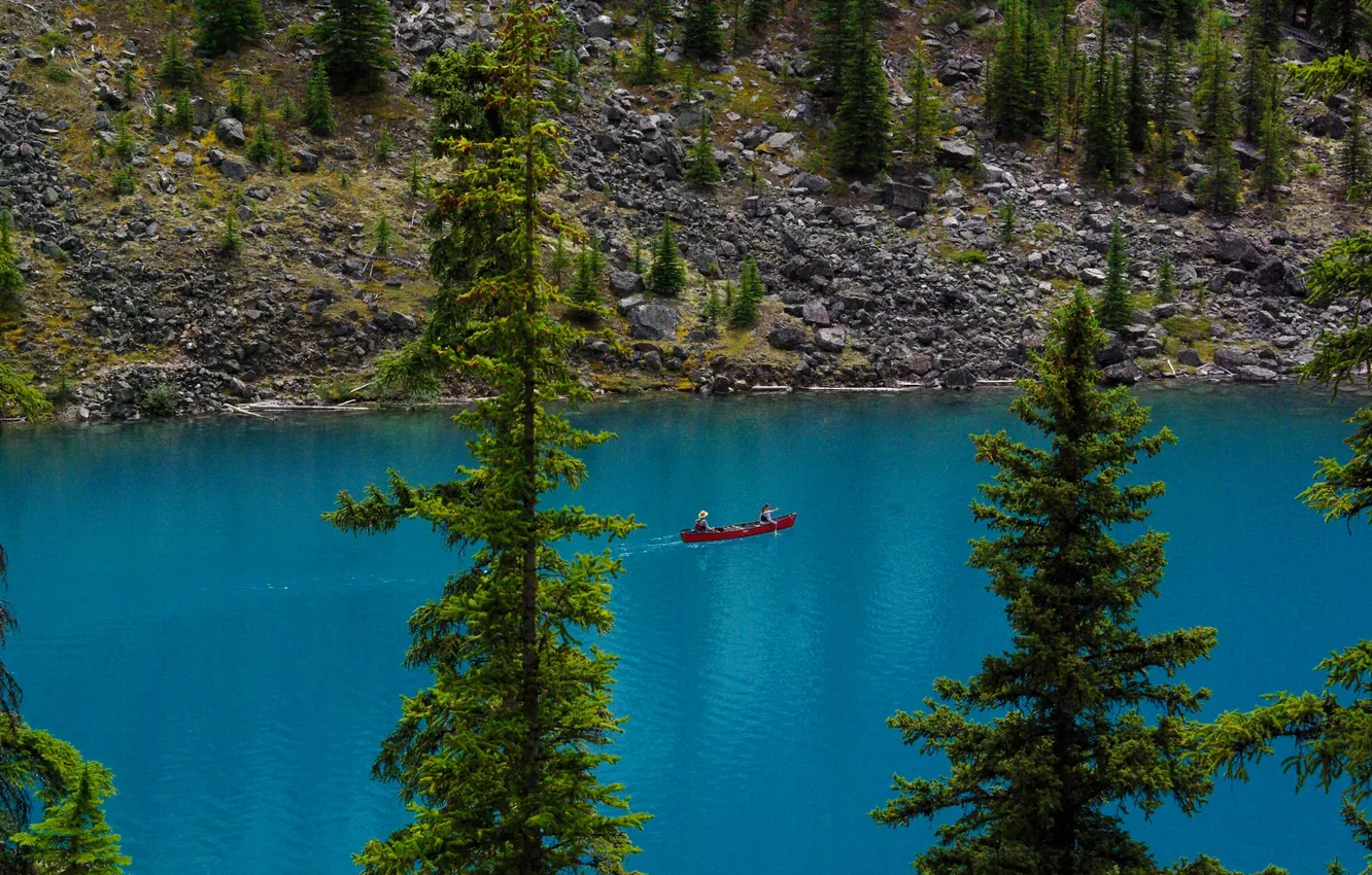 Фото обои деревья, озеро, камни, берег, лодка, Канада, Альберта, Banff National Park