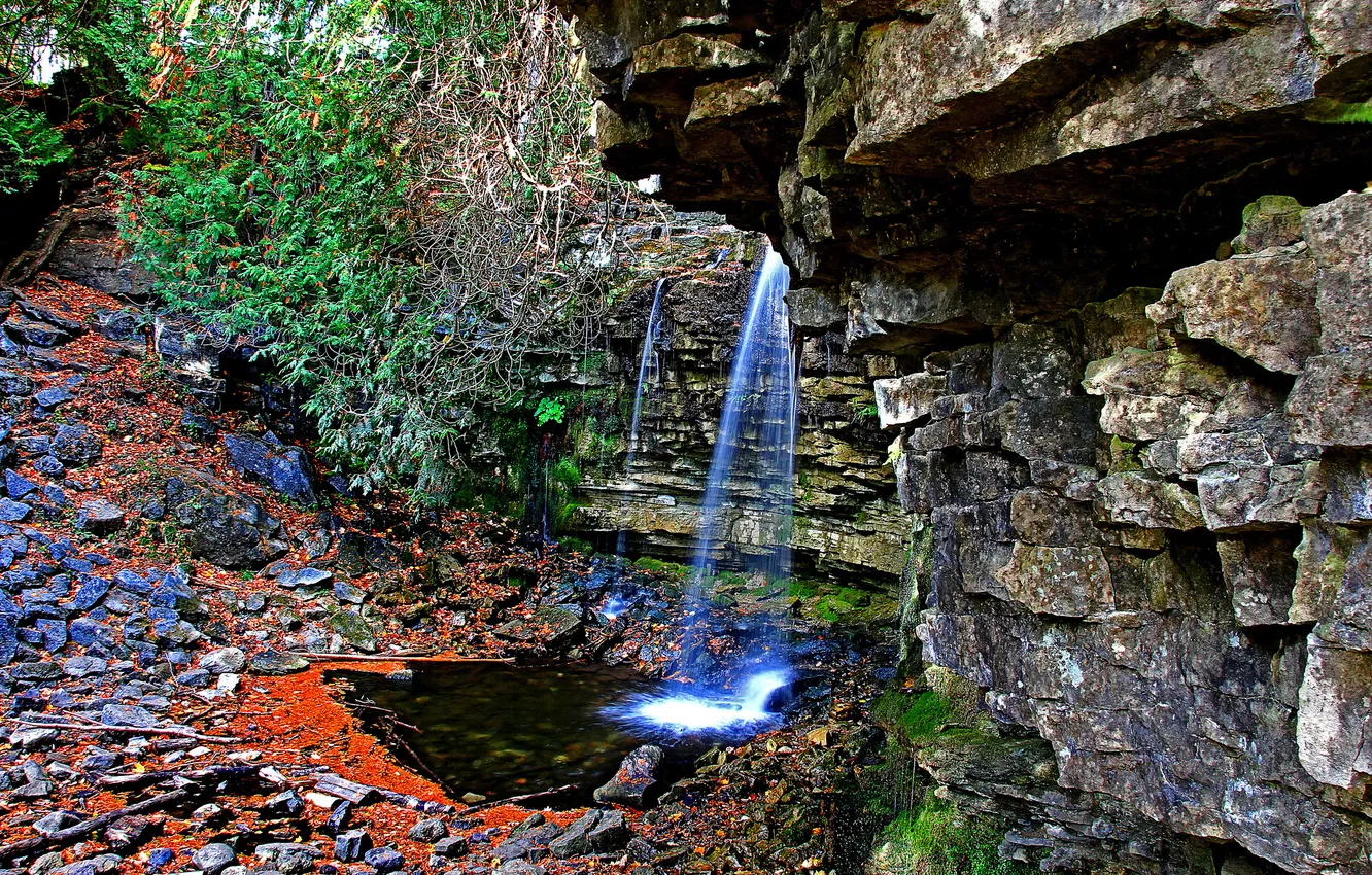 Фото обои ручей, камни, скалы, водопад