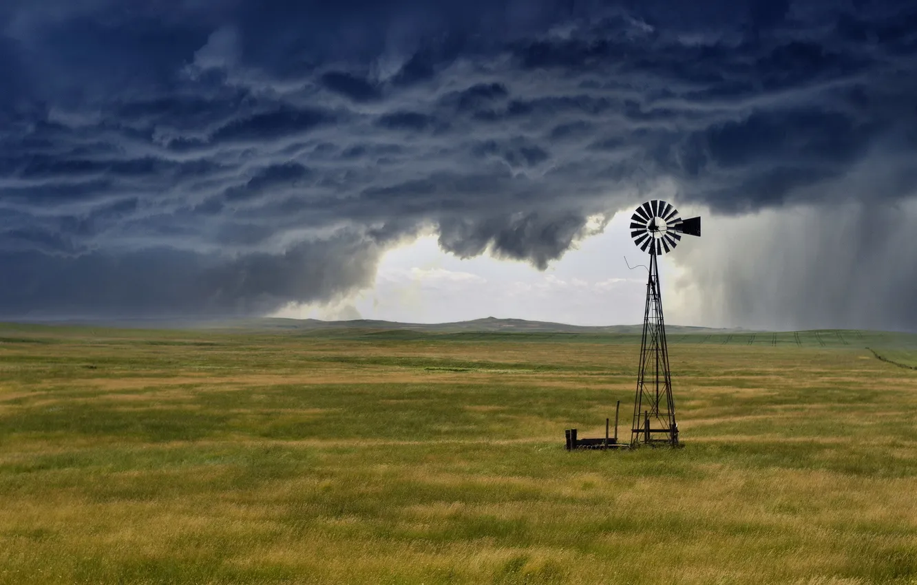 Фото обои поле, пейзаж, дождь, ветряк