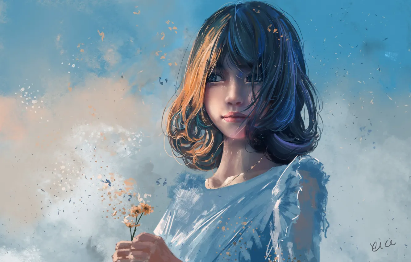 Фото обои стрижка, лепестки, белое платье, голубое небо, чёлка, в руках, портрет девушки, полевые цветочки