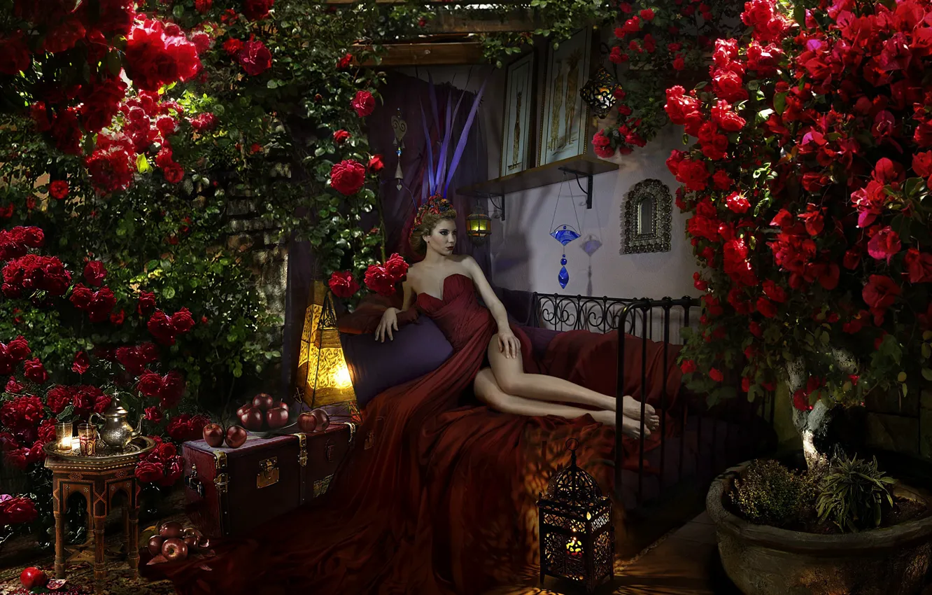 Фото обои девушка, розы, платье, фрукты, ножки