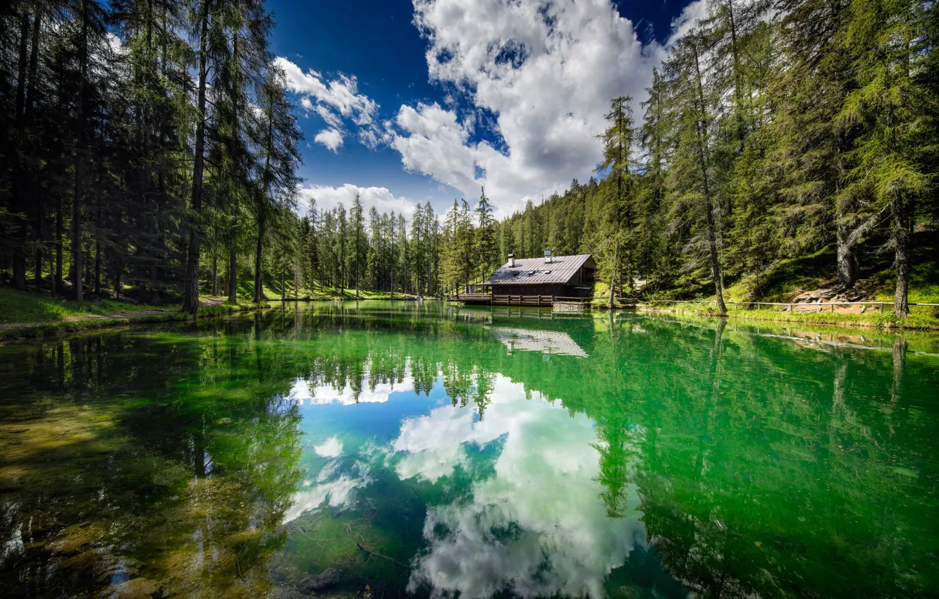 Фото обои лес, деревья, озеро, дом, отражение, Италия, Italy, Cortina d'Ampezzo