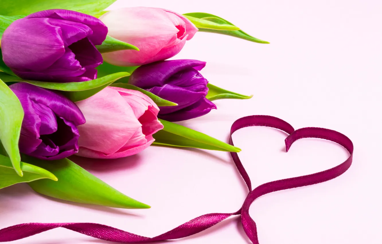 Фото обои любовь, цветы, сердце, букет, лента, тюльпаны, love, heart