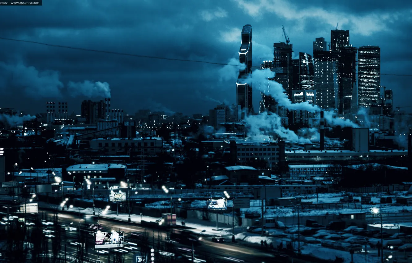 Фото обои апокалипсис, Синий, Россия, небоскрёбы, столица, ART.IRBIS Production, KhusenRustamov, Мрачная Погода