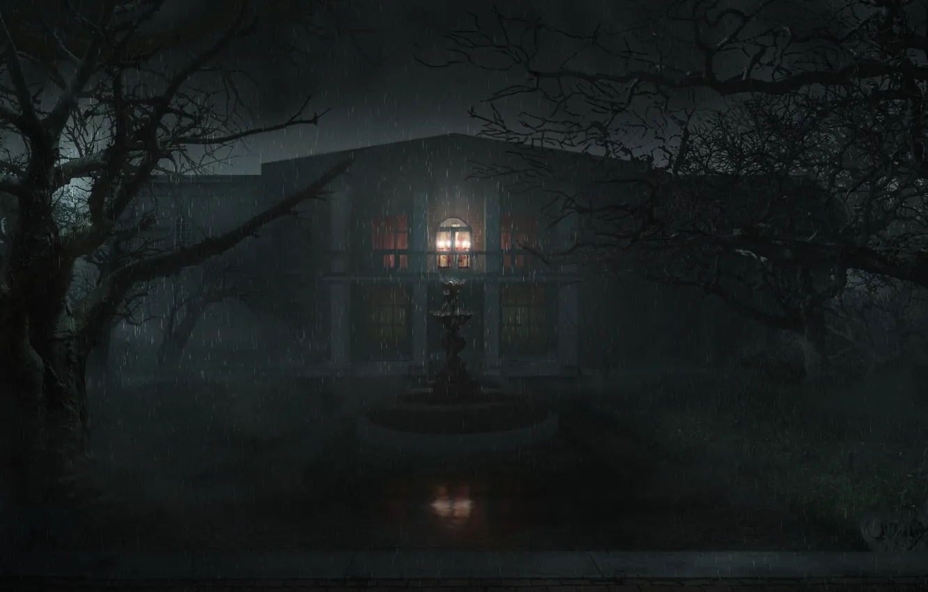 Фото обои свет, деревья, ночь, дом, дождь, фонтан, мрачно