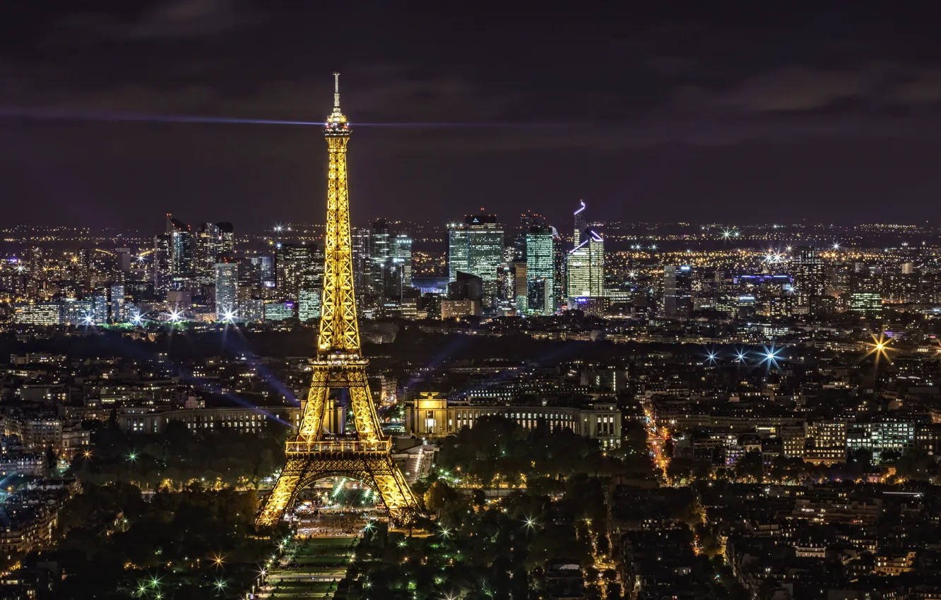 Фото обои ночь, огни, эйфелева башня, Франция, Париж, панорама