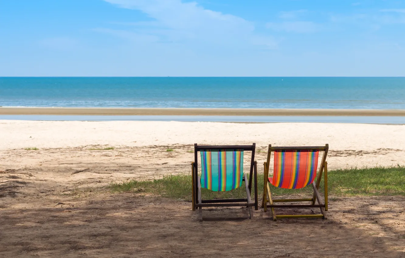 Фото обои песок, море, пляж, лето, шезлонг, summer, beach, sea