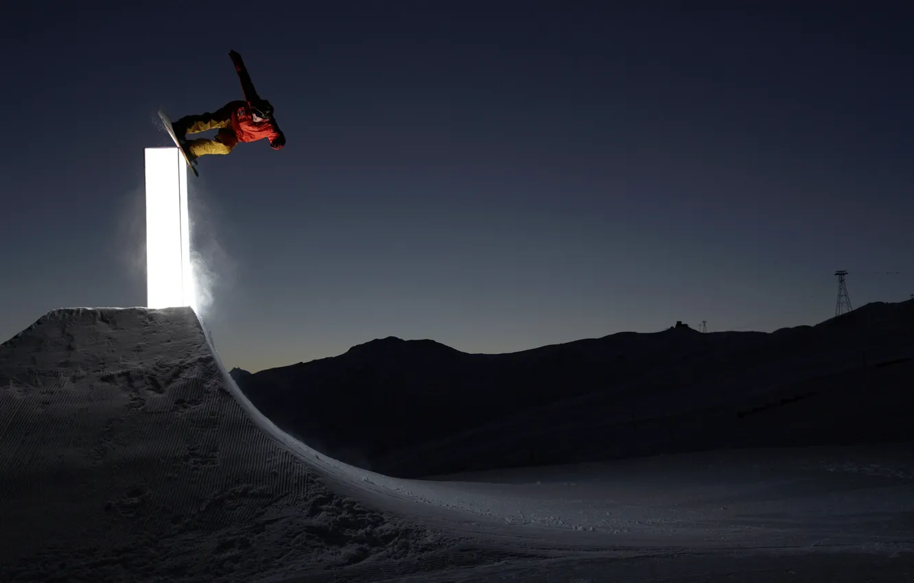 Фото обои свет, ночь, сноуборд, snowboard, трамплин