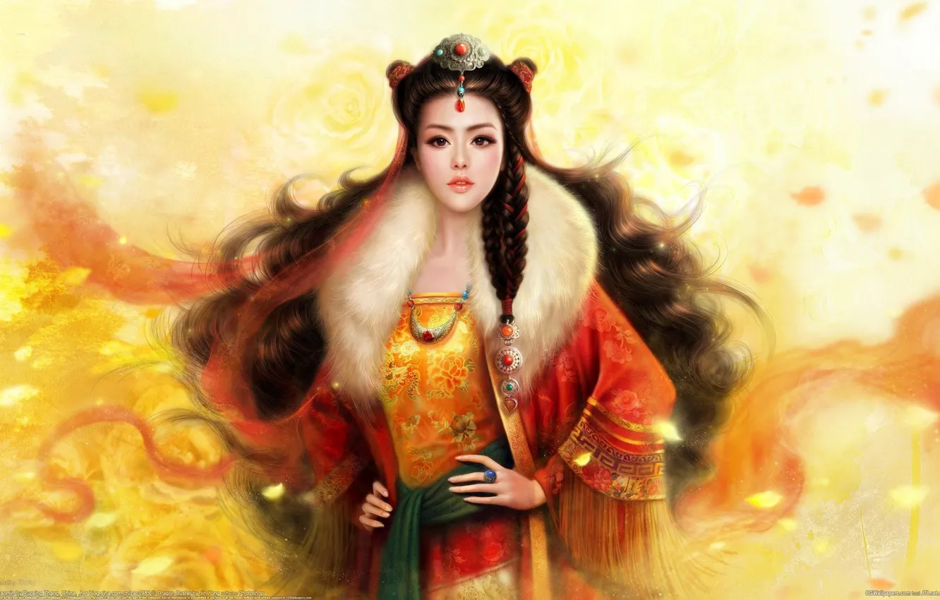Фото обои девушка, украшения, волосы, арт, коса, азиатка, ruoxing zhang