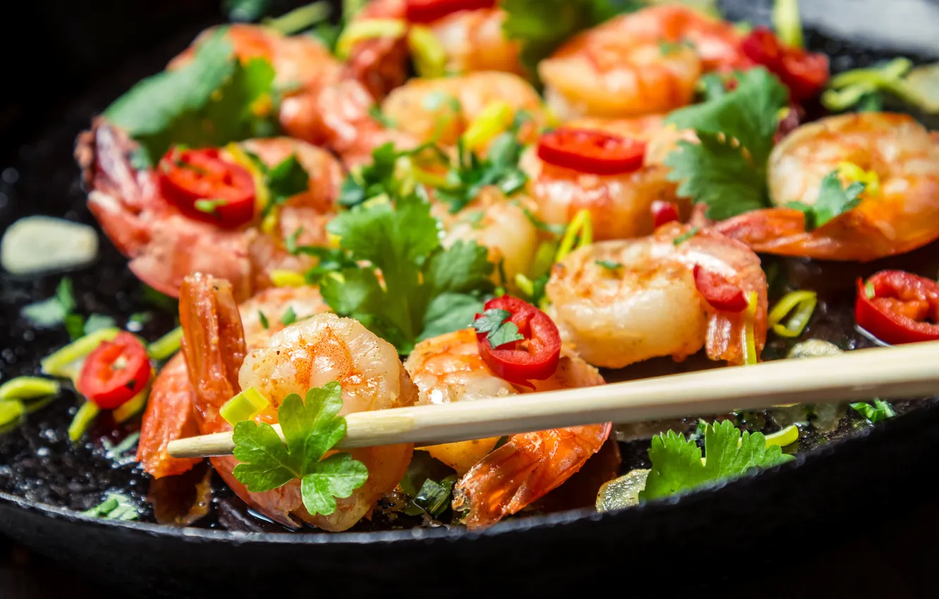 Фото обои зелень, креветки, pepper, перчик, greens, shrimps, dish with seafood, блюдо с морепродуктами