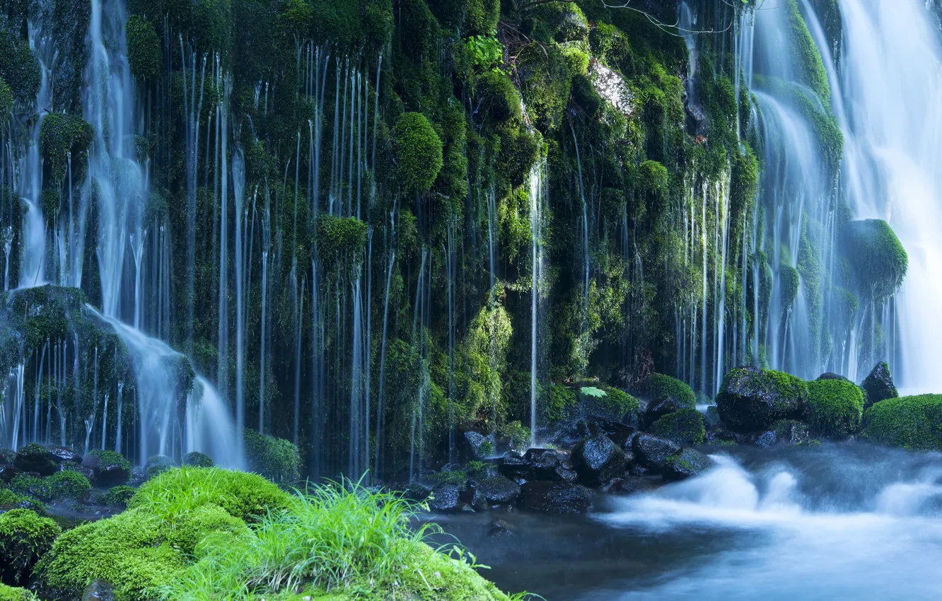 Фото обои камни, водопад, мох, поток