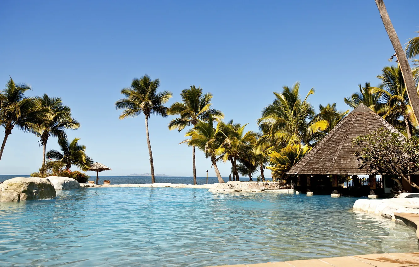Фото обои пальмы, океан, бассейн, бунгало, islands, Fiji