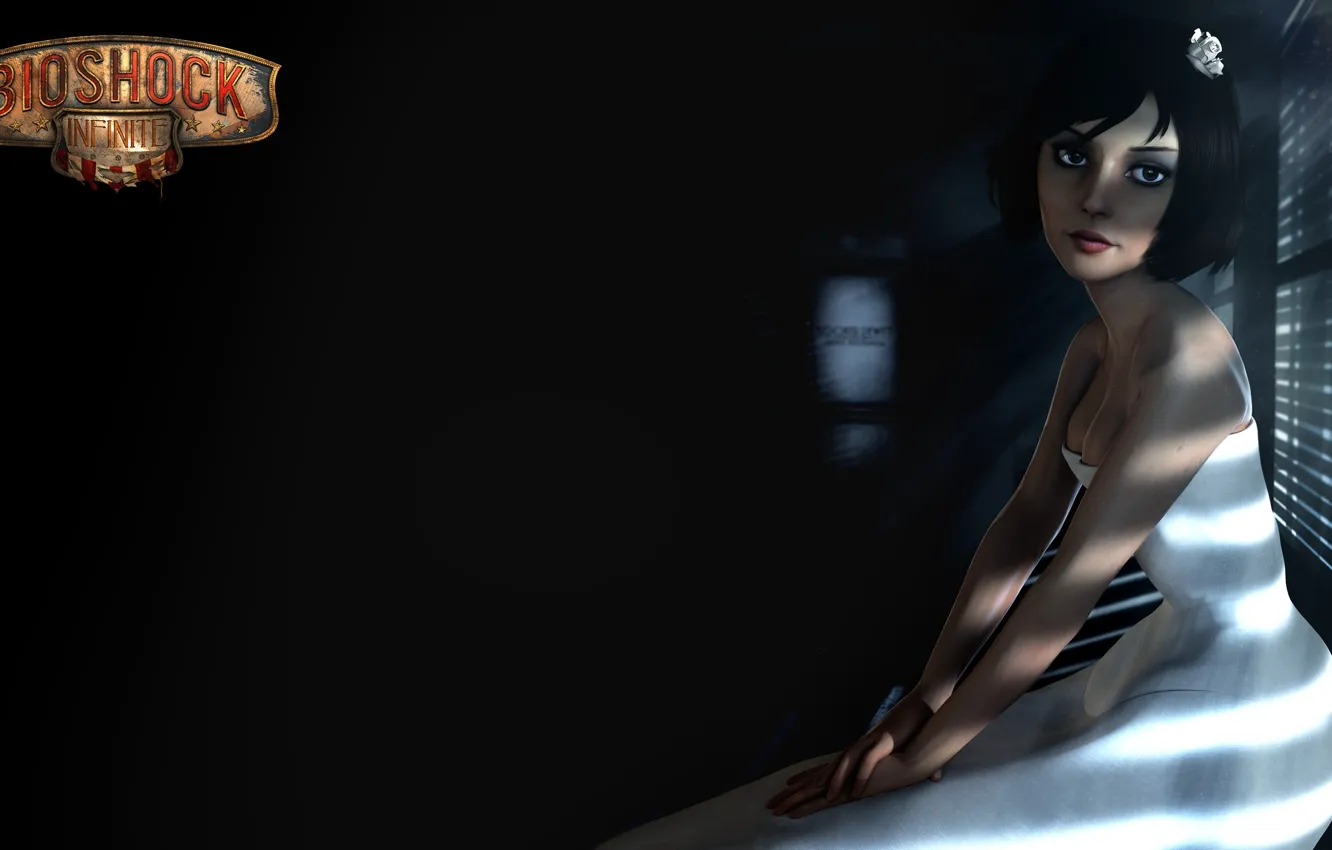Фото обои девушка, темно, окно, жалюзи, сидя, Elizabeth, Bioshock infinite