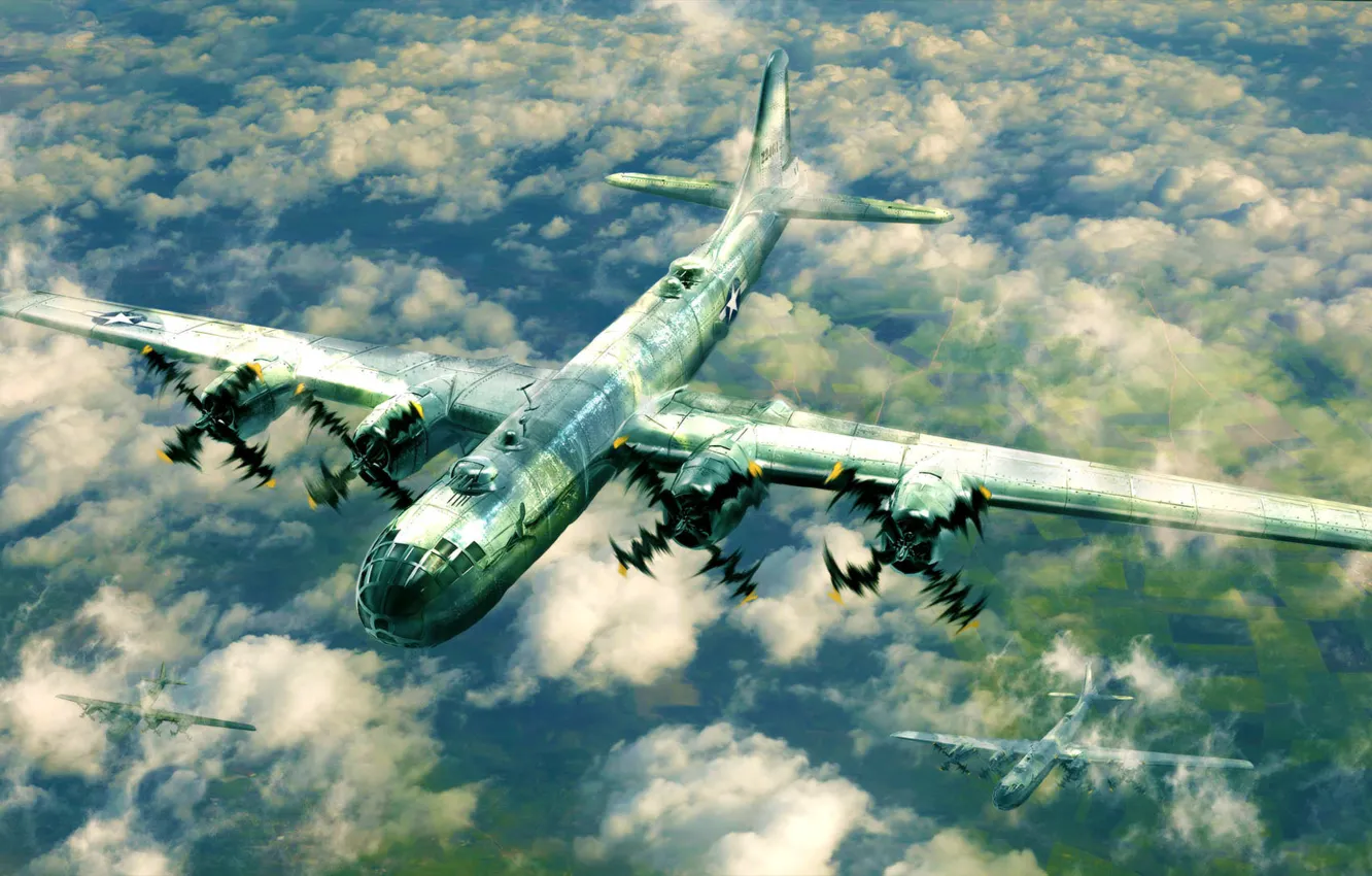 Фото обои bomber, war, art, airplane, painting, Boeing B-29 Superfortress