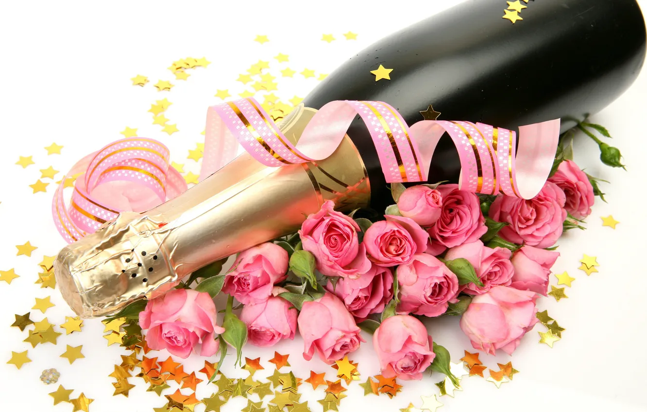 Фото обои бутылка, розы, букет, белый фон, звёздочки, розовые, шампанское, ленточка