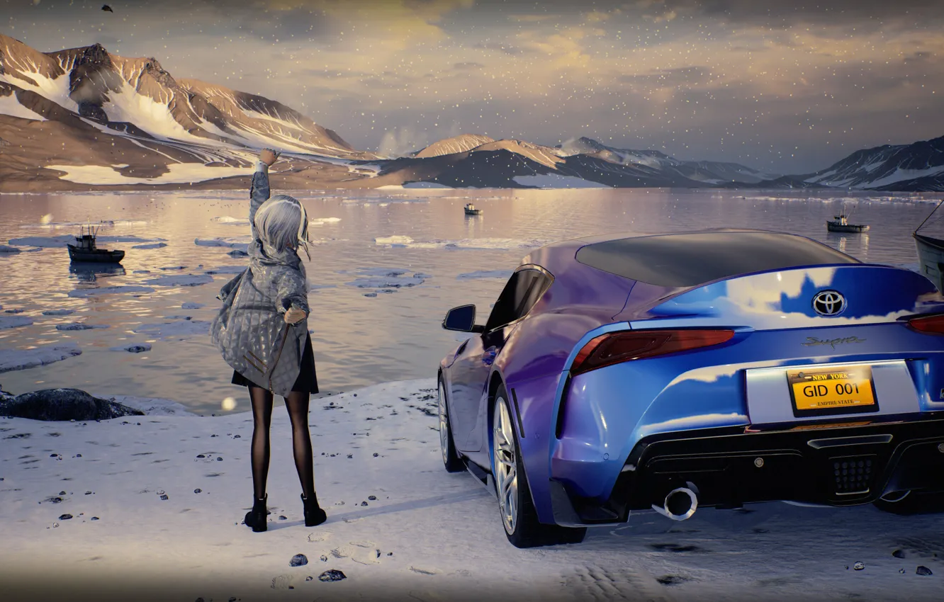 Фото обои авто, девушка, снег, горы, озеро, потягивается, by rengreng