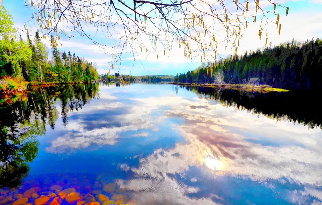 Фото обои Canada, river, nature, clouds, blue sky, reflection, Green trees, BLUE LAKE
