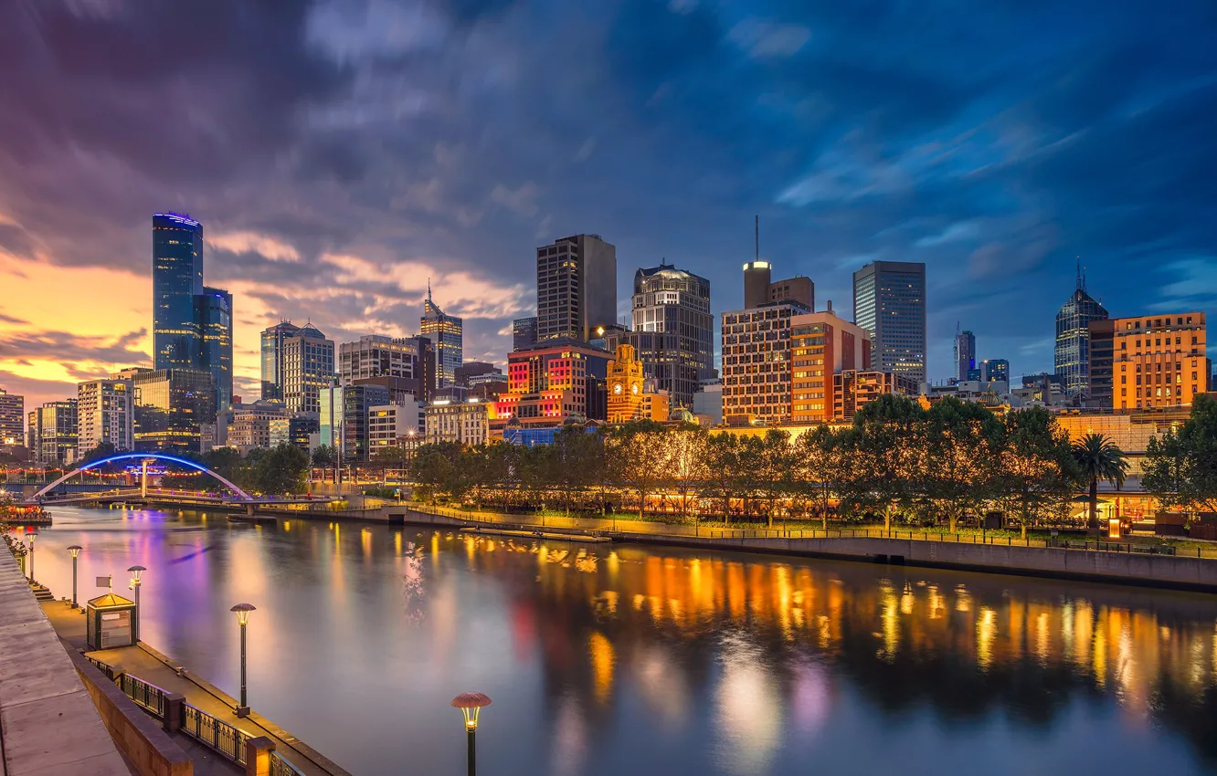 Фото обои ночь, мост, огни, дома, Австралия, арка, Мельбурн