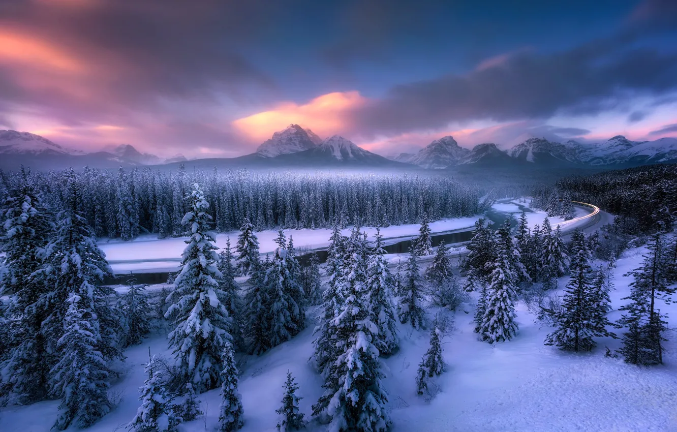 Фото обои зима, лес, снег, деревья, пейзаж, закат, горы, Канада