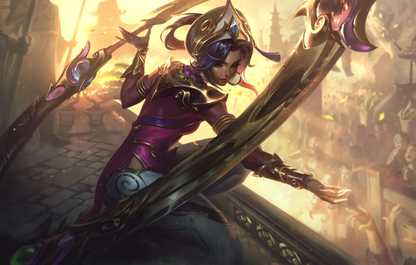 Фото обои девушка, оружие, игра, доспехи, жест, League of Legends, цифровое искусство, Riot Games