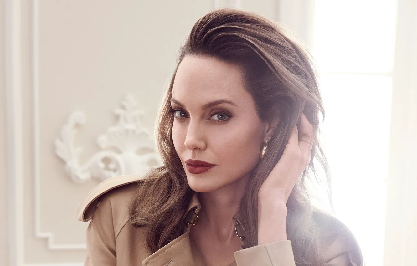 Фото обои взгляд, свет, лицо, женщина, волосы, актриса, Angelina Jolie, губы