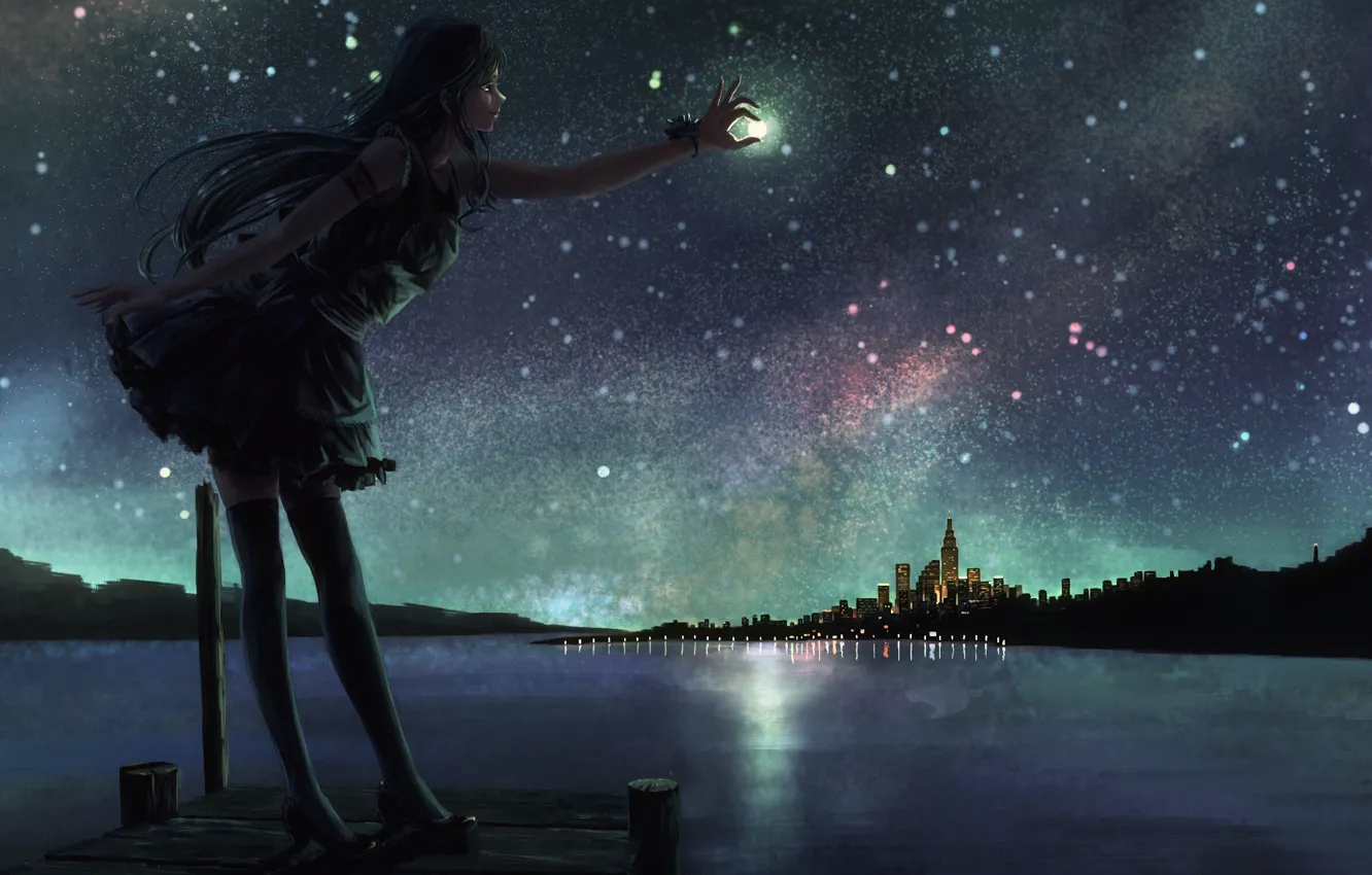 Фото обои небо, девушка, звезды, ночь, город, озеро, луна, аниме