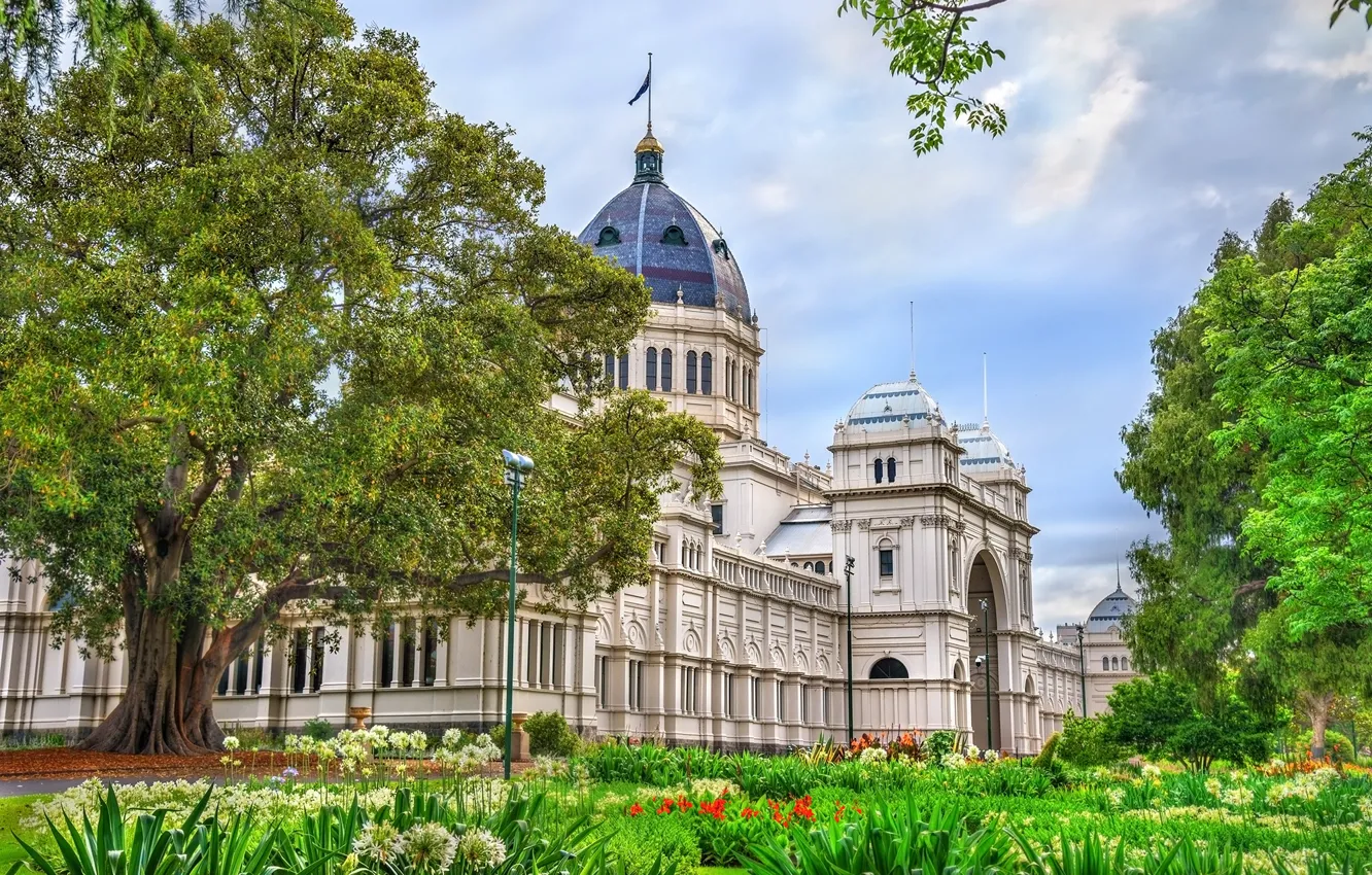 Фото обои зелень, деревья, цветы, Австралия, музей, дворец, Мельбурн, Royal Exhibition Building