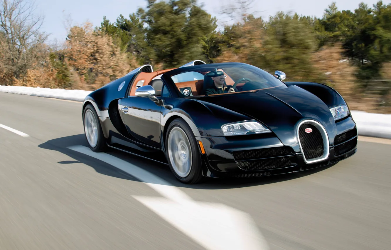 Фото обои Bugatti, Veyron, black, front view, Bugatti Veyron 16.4 Grand Sport Vitesse Roadster