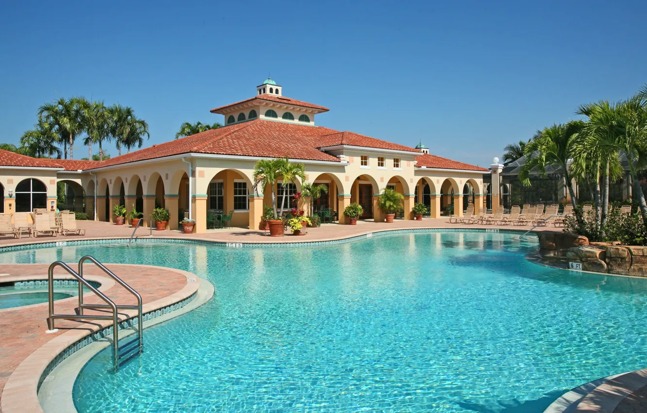 Фото обои стиль, пальмы, бассейн, архитектура, терраса, ландшафтный дизайн, роскошная вилла