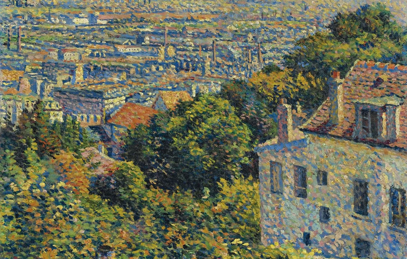 Фото обои картина, городской пейзаж, 1900, Максимильен Люс, Maximilien Luce, Монмартр. Улица Корто. Вид на Сен-Дени