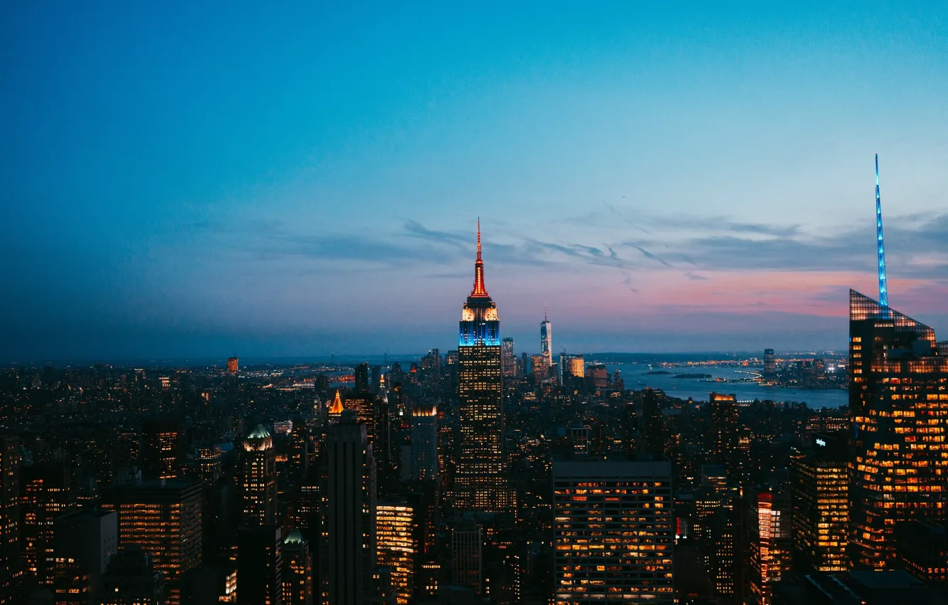 Фото обои city, lights, USA, twilight, sky, night, cloud, New York