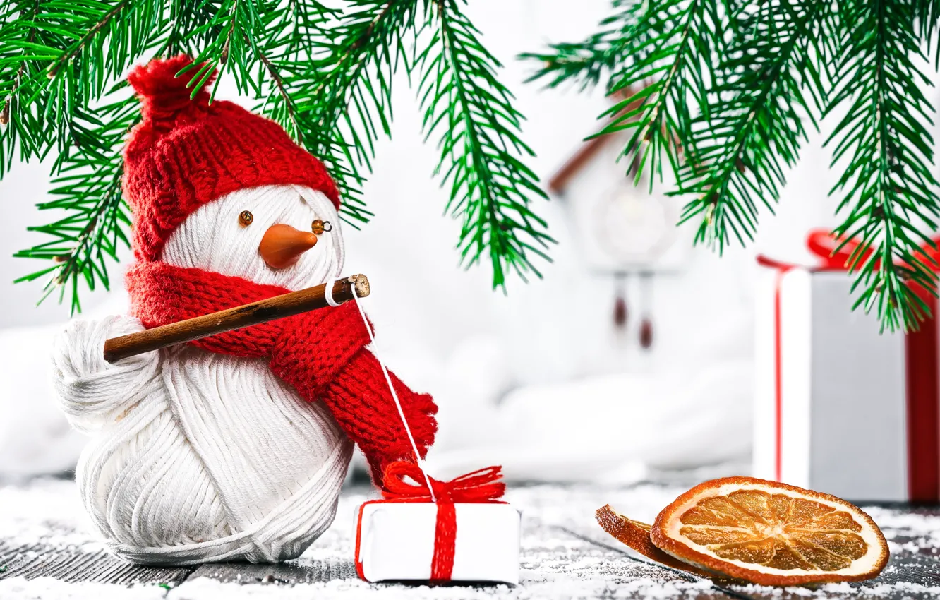 Фото обои фон, подарок, ель, ветка, Новый год, снеговик, box, gift