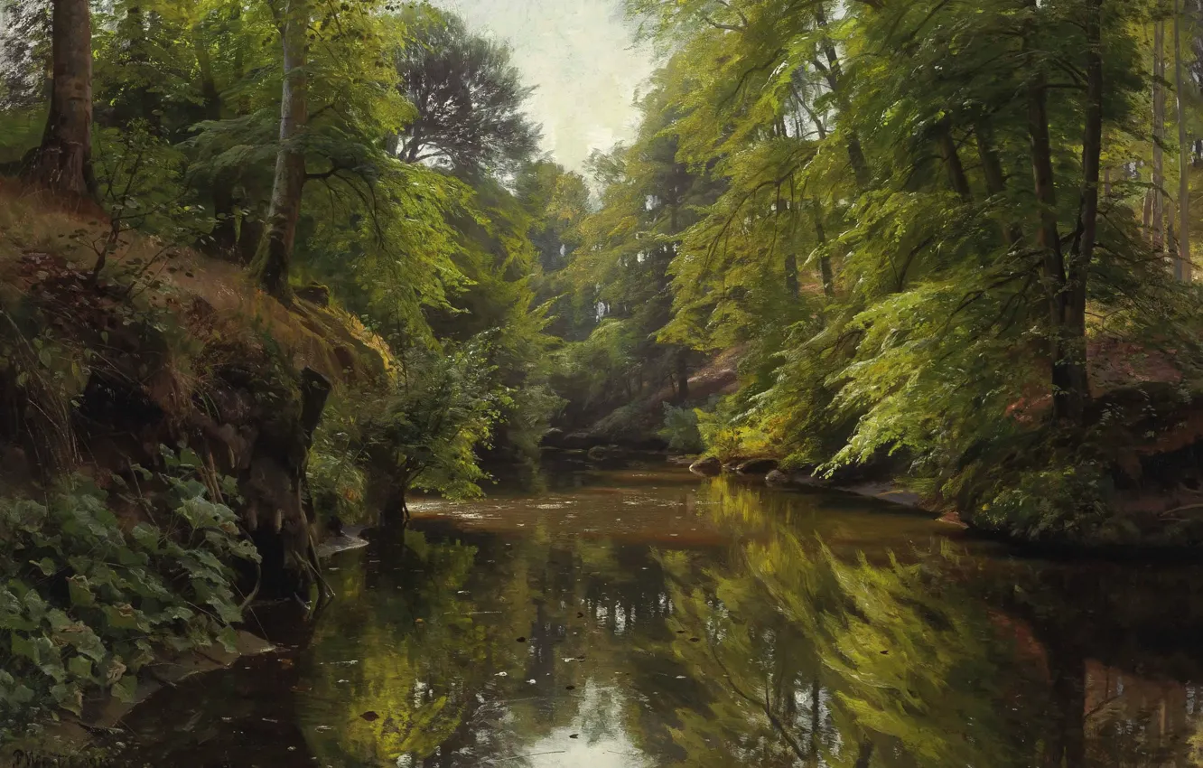 Фото обои природа, картина, Петер Мёрк Мёнстед, Peder Mørk Mønsted, Лесной Пейзаж с Рекой