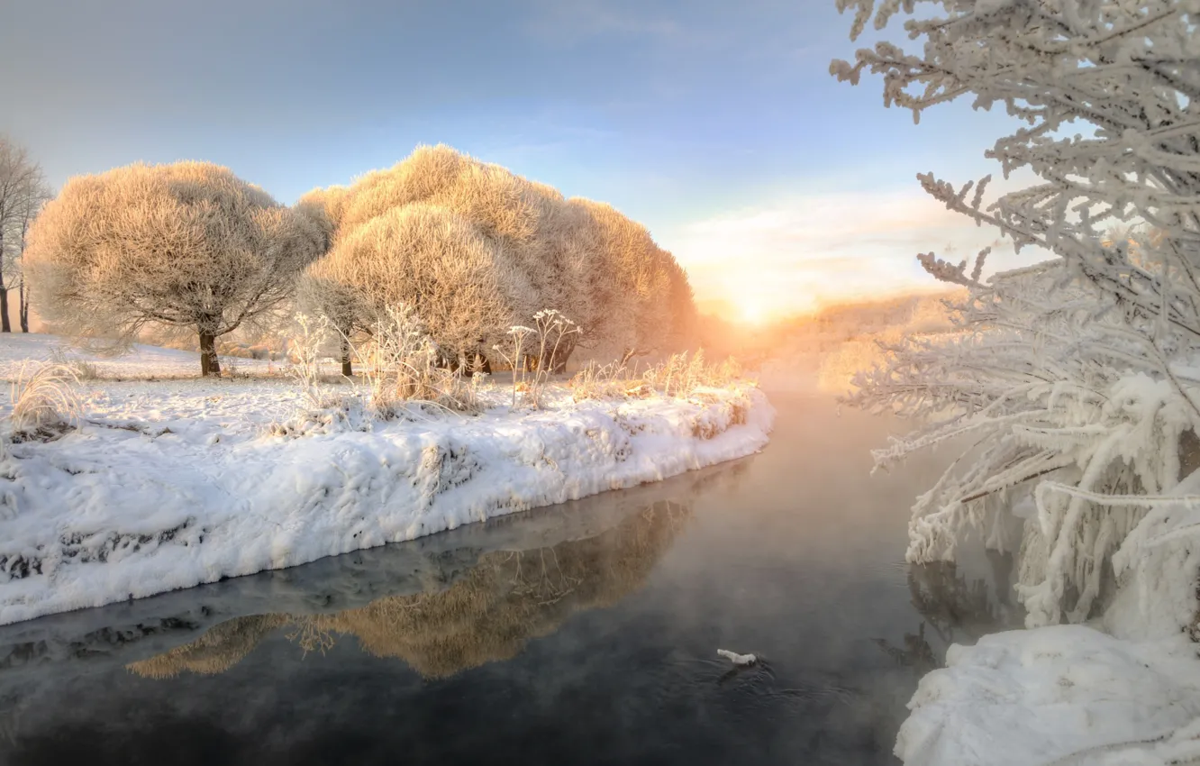 Фото обои зима, иней, снег, деревья, природа, река