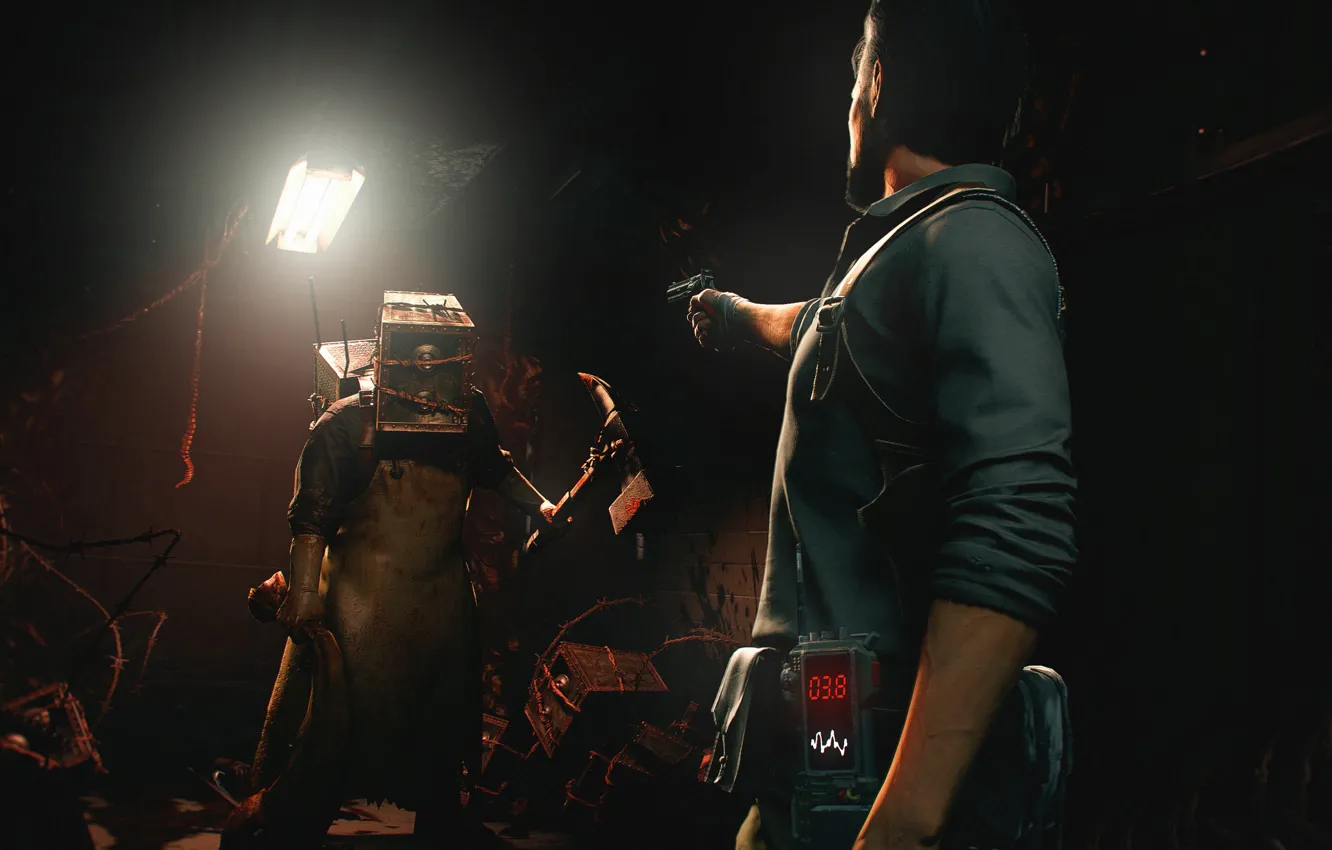 Фото обои сейф, револьвер, The Evil Within, Sebastian Castellanos, Boxhead, the keeper