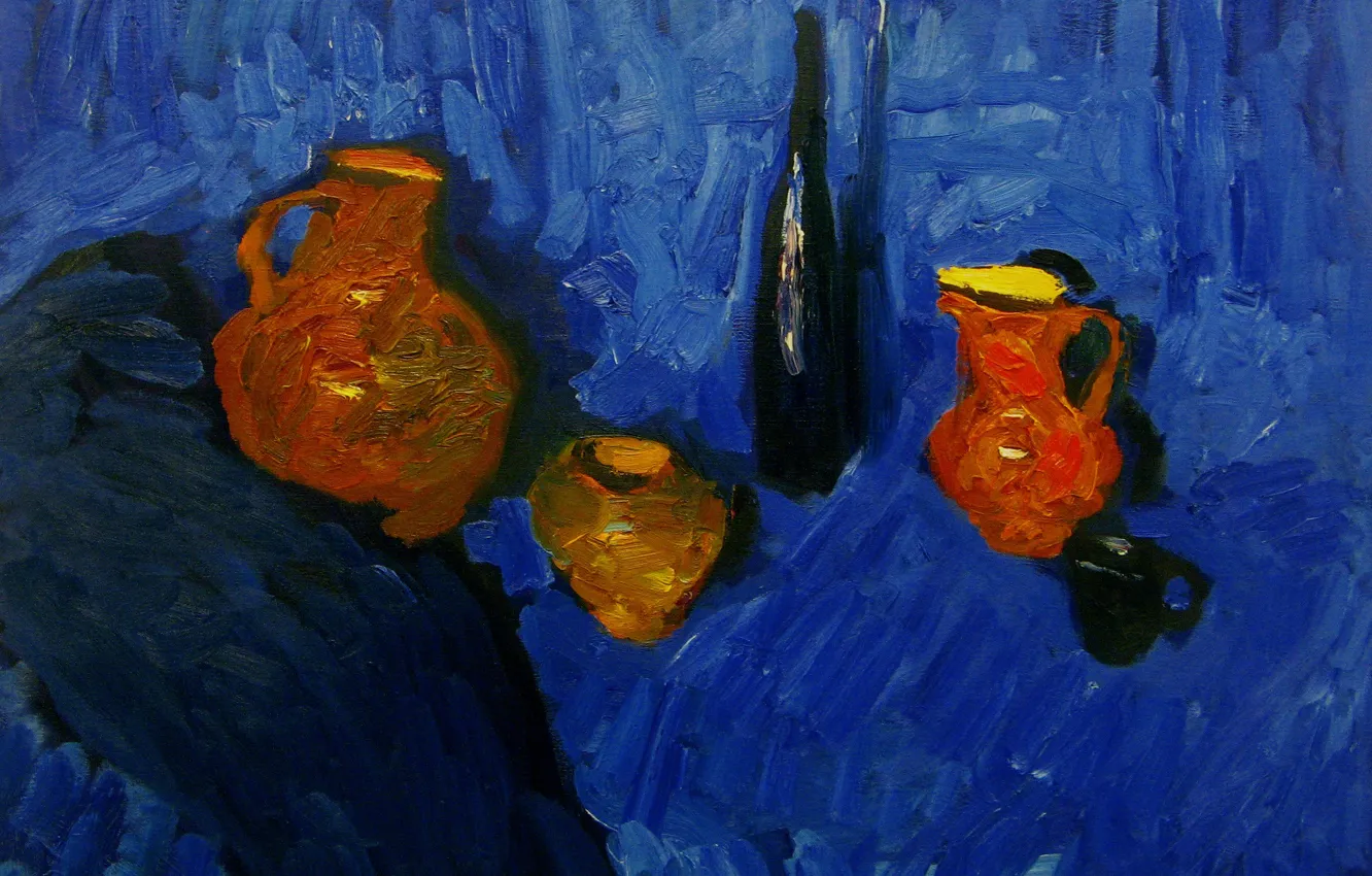 Фото обои 2008, кувшин, натюрморт, синий фон, бутылка вина, Петяев