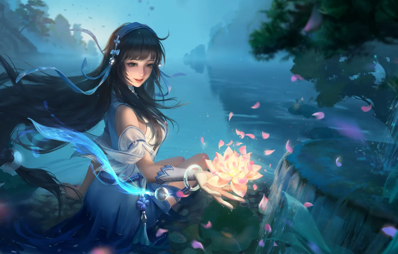 Фото обои Девушка, Игра, Цветок, Озеро, Стиль, Girl, Lotus, Лепестки