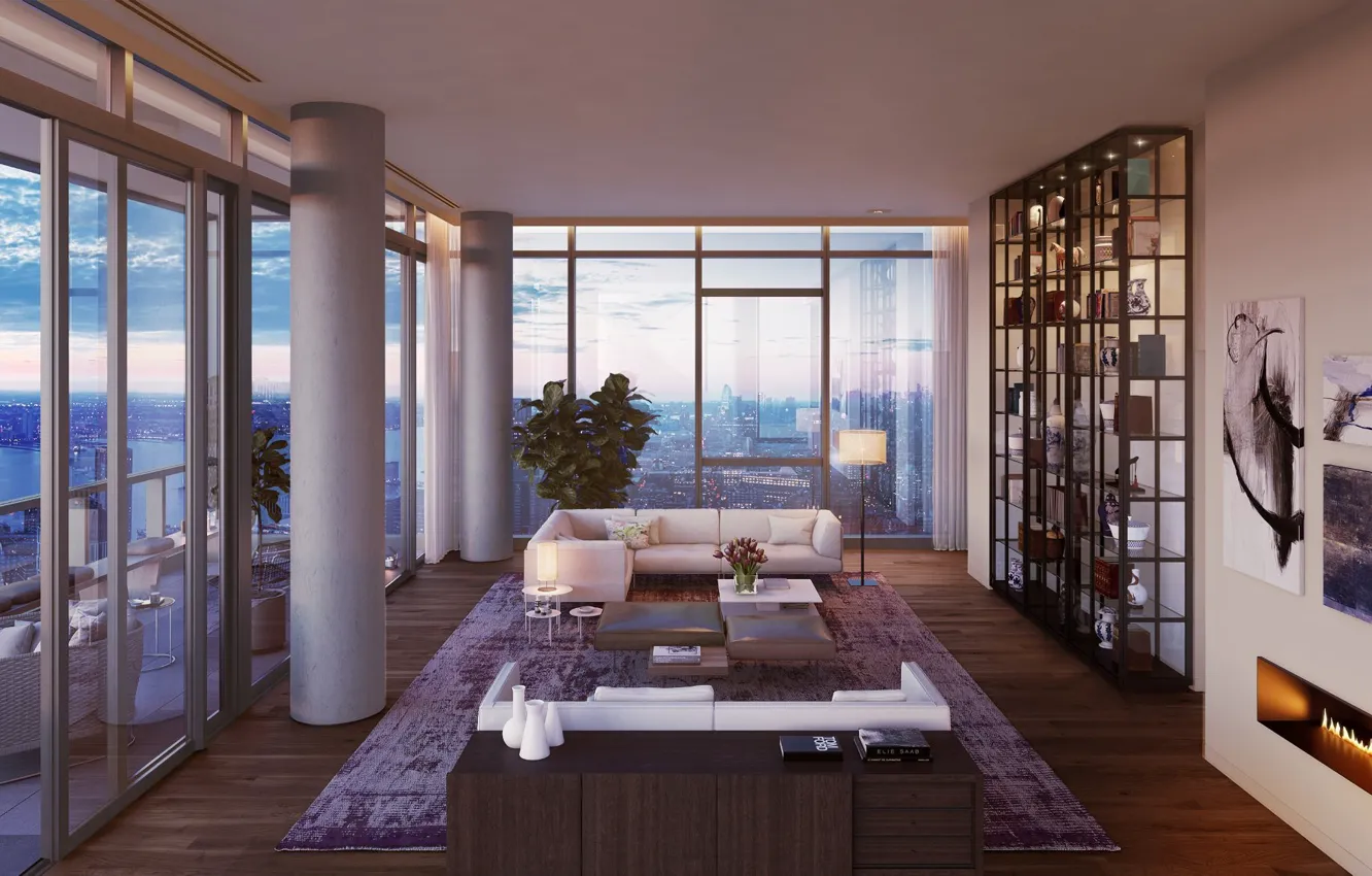 Фото обои интерьер, камин, пентхаус, терраса, гостиная, Striking Duplex House In Tribeca New York