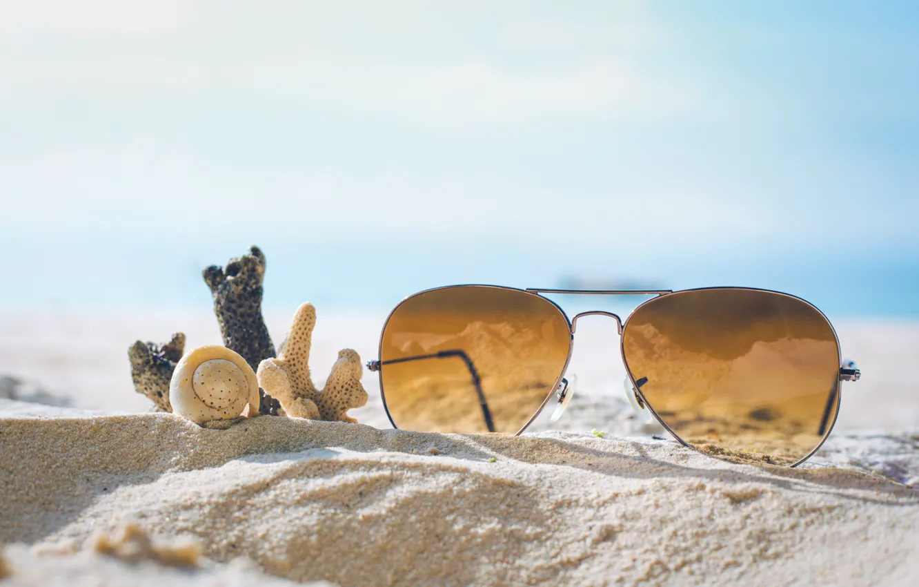 Фото обои песок, море, пляж, лето, отдых, очки, ракушки, summer