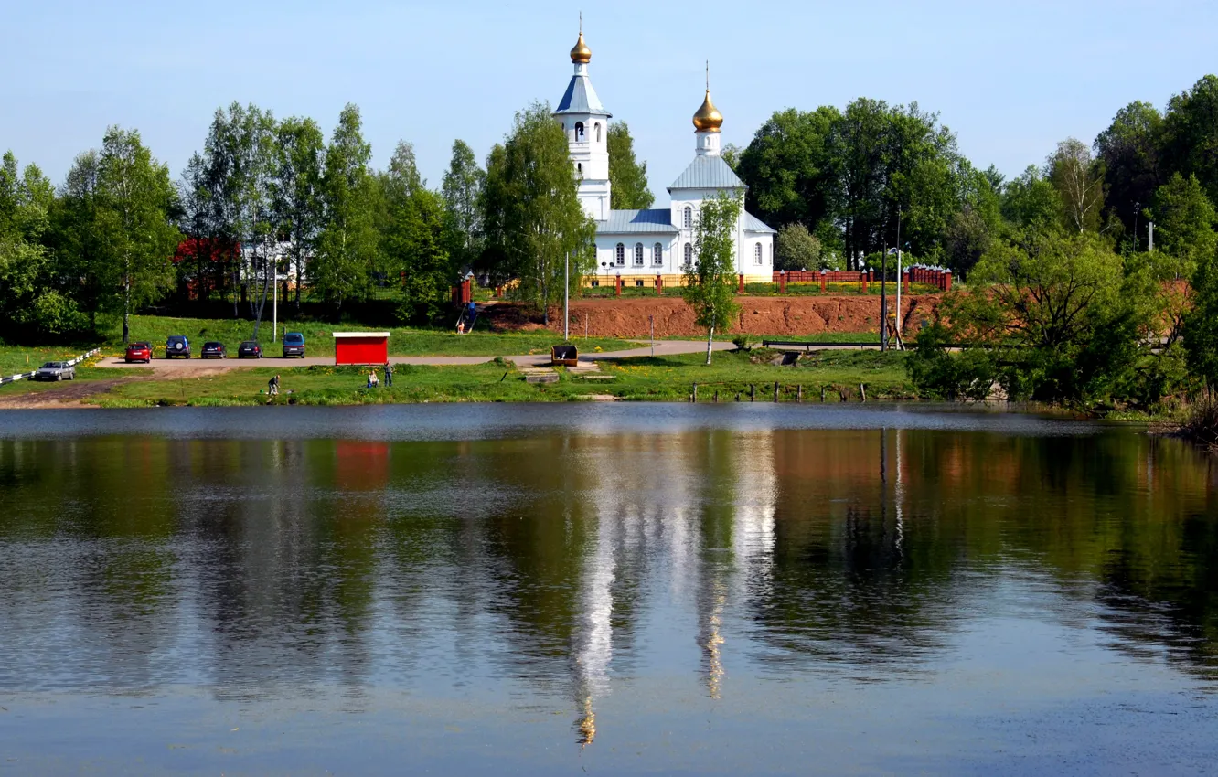 Фото обои река, берег, Тишково, Подмосквье., Церковь Николая Чудотворца