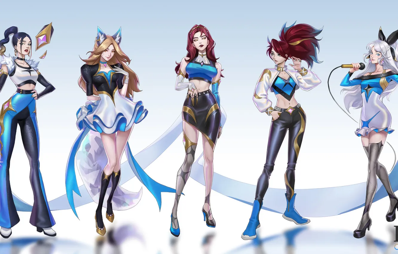 Фото обои League of Legends, drawing, group of women, KDA, video game art, KDA Ahri, KDA Evelynn, …