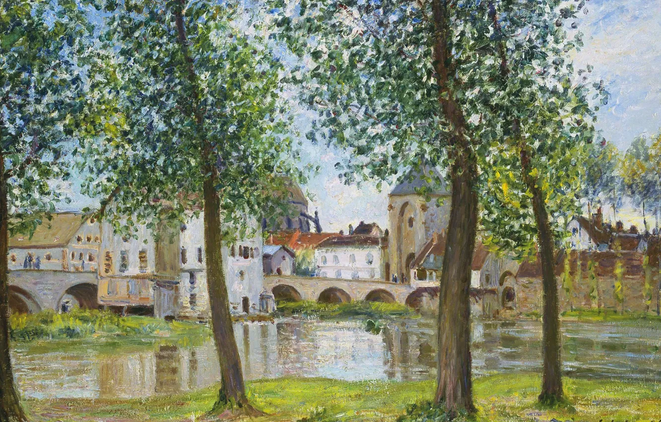 Фото обои деревья, пейзаж, река, дома, картина, Alfred Sisley, Альфред Сислей, Мост в Морэ-сюр-Луэне