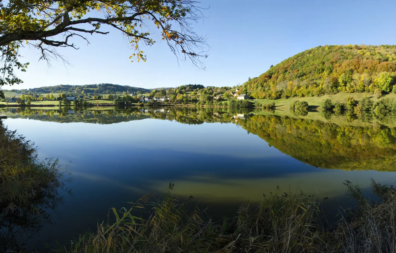 Фото обои осень, озеро, отражение, Франция, гора, вулкан, панорама, France