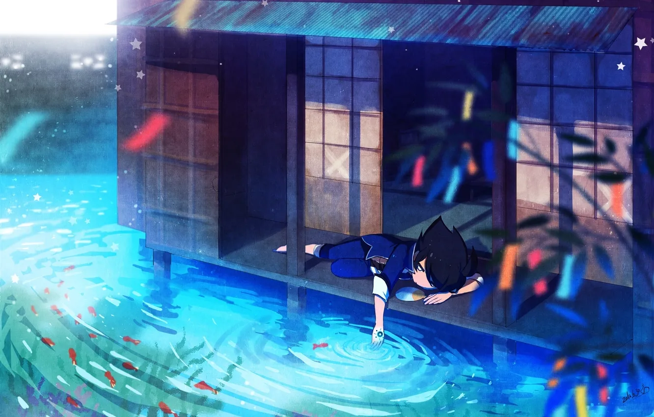 Фото обои вода, рыбки, дом, растение, аниме, мальчик, арт, лежит