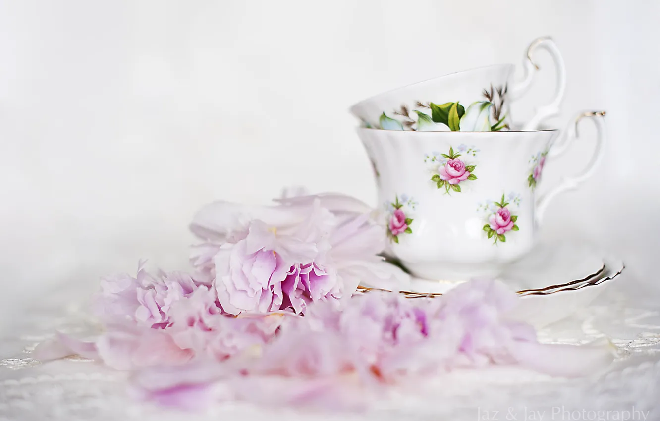 Фото обои цветы, чашки, посуда, розовые, пионы